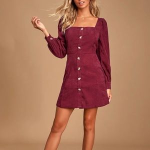 Lulu's Burgundy Corduroy Long Sleeve Button-Up Mini Dress